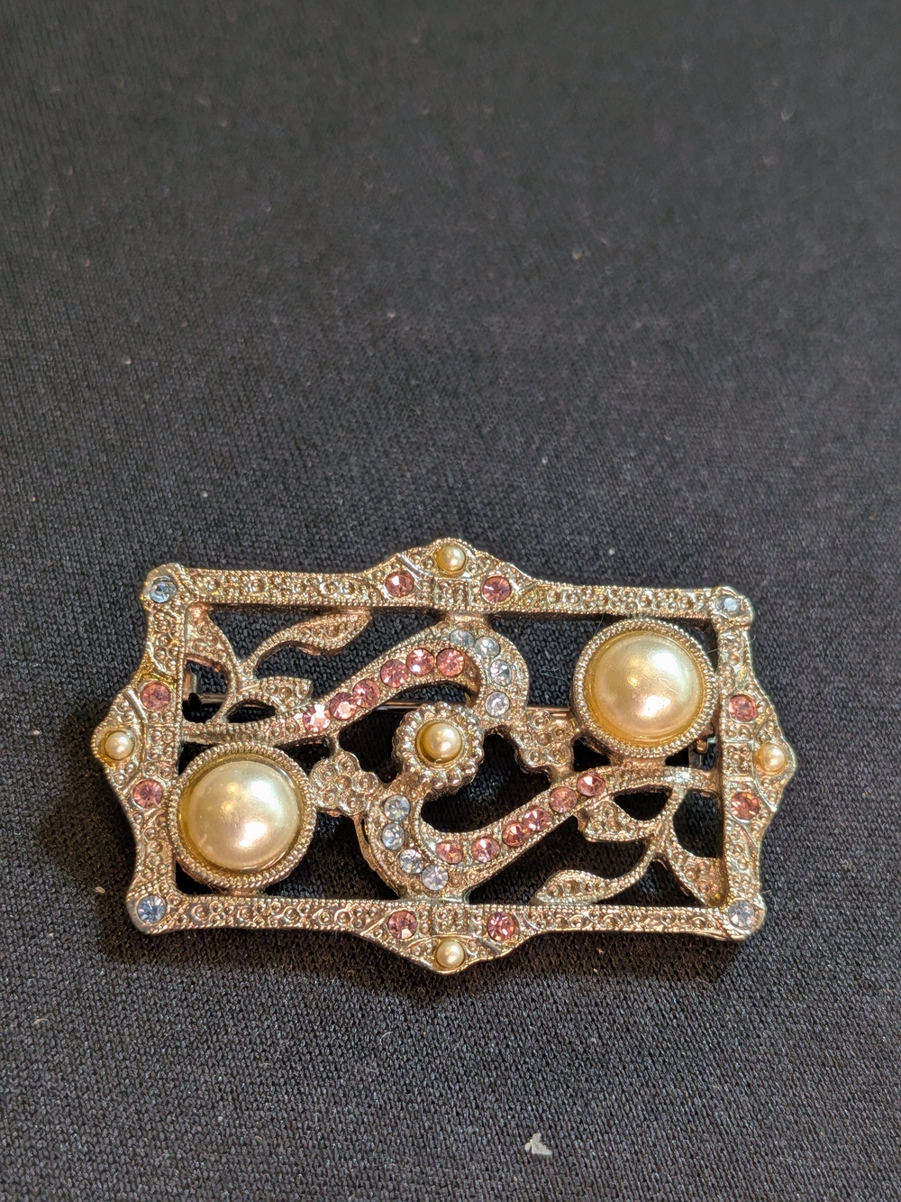 Vintage From 1960s Gold-Tone Pearl & Pink, Blue Crystal Filigree Brooch